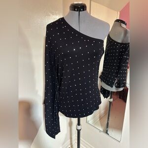 VENUS Black One-Shoulder Rhinestone Sweatshirt